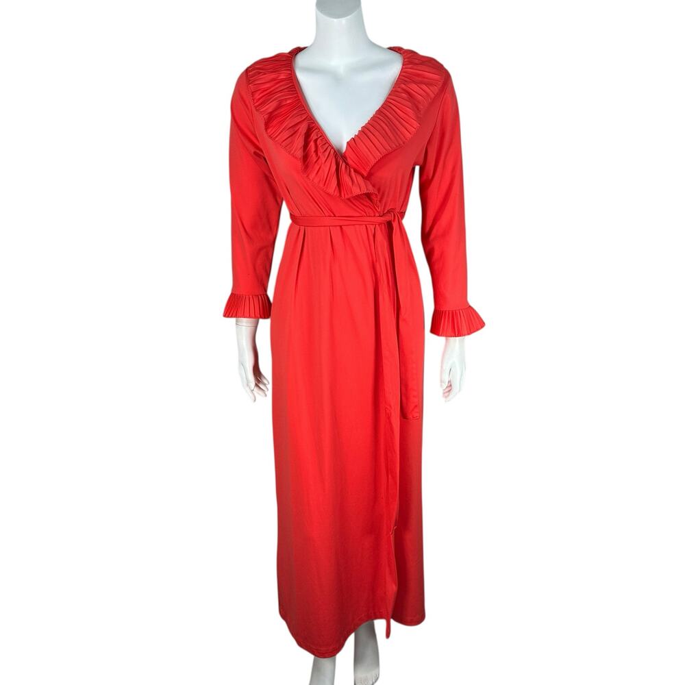 Vintage 70s Sears Robe Lingerie Womens Size 8 Petite Red Ruffles Pleated long